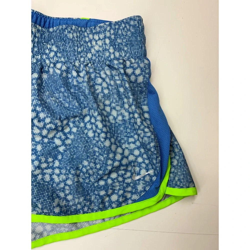 Nike Dri-FIT Womens XL Running Shorts Blue White Dot Print Neon Green Trim 3in - Picture 6 of 6